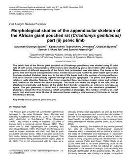 Morphological Studies of the Appendicular Skeleton of the African Giant Pouched Rat (Cricetomys Gambianus) Part (Ii) Pelvic Limb