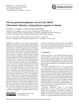 The Last Glacial-Interglacial Cycle in Lake Ohrid (Macedonia/Albania): Testing Diatom Response to Climate