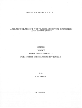 La Relation Du Patrimoine Et Du Tourisme : Une Histoire De Perception : Le Cas Du Vieux-Québec