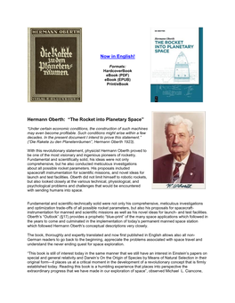Now in English! Hermann Oberth: “The Rocket Into Planetary Space”
