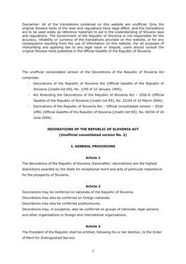 The Decorations of the Republic of Slovenia Act (Official Consolidated