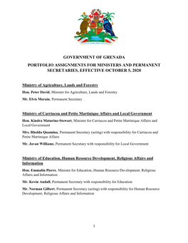 Government of Grenada Portfolio Assignments for Ministers and Permanent Secretaries, Effective October 5, 2020