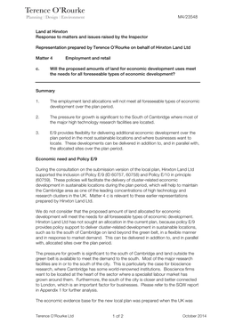 Land at Hinxton Response to Matters and Issues Raised by the Inspector