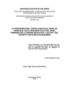 Universidad Mayor De San Simón Facultad De Humanidades Y Ciencias De La Educación Departamento De Post Grado