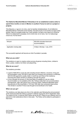 Katherine Mansfield Menton Fellowship Application Form 2019
