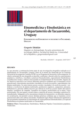 Etnomedicina Y Etnobotánica En El Departamento De Tacuarembó, Uruguay