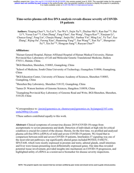 Time-Series Plasma Cell-Free DNA Analysis Reveals Disease Severity of COVID-19 Patients