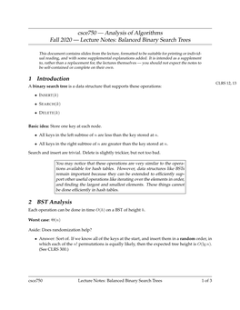 Balanced Binary Search Trees 1 Introduction 2 BST Analysis