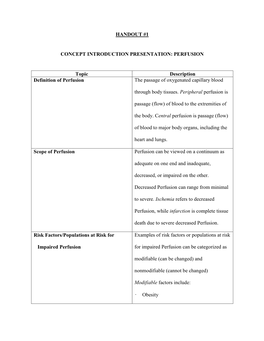 HANDOUT #1 CONCEPT INTRODUCTION PRESENTATION: PERFUSION Topic Description Definition of Perfusion the Passage of Oxygenated Capi