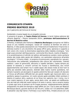 COMUNICATO STAMPA PREMIO BEATRICE 2019 Con Il Patrocinio Del Comune Di Verona