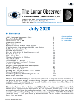 July 2020 in This Issue Online Readers, ALPO Conference November 6-7, 2020 2 Lunar Calendar July 2020 3 Click on Images an Invitation to Join ALPO 3 for Hyperlinks
