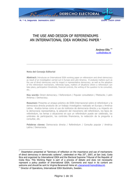 The Use and Design of Referendums an International Idea Working Paper *