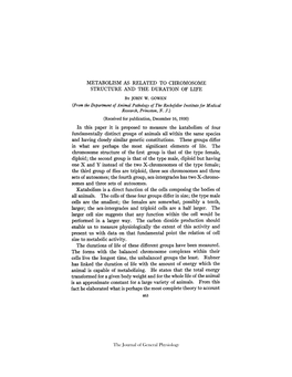 Metabolism As Related to Chromosome Structure and the Duration of Life by John W