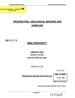 Prospecting, Geological Mapping and Sampling, NMX Property, James Bay Area, Quebec, Canada (GM 69773)