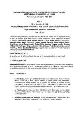 COMISION DE DESCENTRALIZACION, REGIONALIZACION, GOBIERNO LOCALES Y MODERNIZACION DE LA GESTION DEL ESTADO Período Anual De Sesiones 2006 – 2007