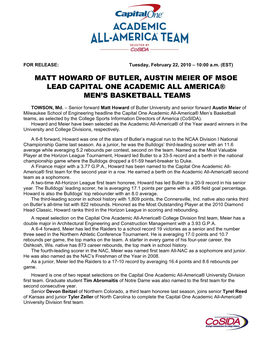 Matt Howard of Butler, Austin Meier of Msoe Lead Capital One Academic All America® Men’S Basketball Teams