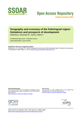 Geography and Economy of the Kaliningrad Region: Limitations and Prospects of Development Sebentsov, Alexander B.; Zotova, Maria V