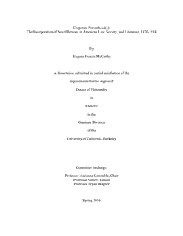 Corporate Personhood(S): the Incorporation of Novel Persons in American Law, Society, and Literature, 1870-1914