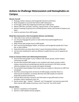 Actions to Challenge Heterosexism and Homophobia on Campus