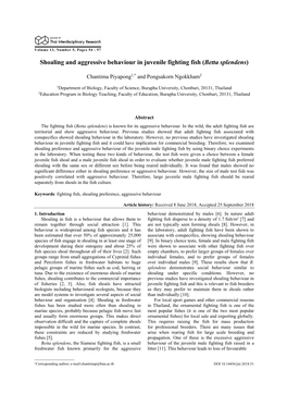 Shoaling and Aggressive Behaviour in Juvenile Fighting Fish (Betta Splendens)