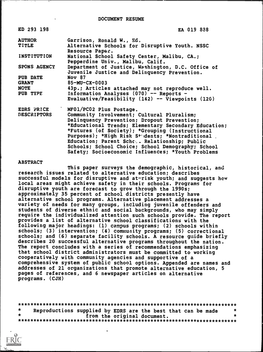 Alternative Schools for Disruptive Youth. NSSC Resource Paper. INSTITUTION National School Safety Center, Malibu, CA.; Pepperdine Univ., Malibu, Calif