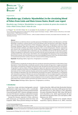 Myxobolus Spp. (Cnidaria: Myxobolidae) in the Circulating Blood of Fishes from Goiás and Mato Grosso States, Brazil: Case Report Myxobolus Spp