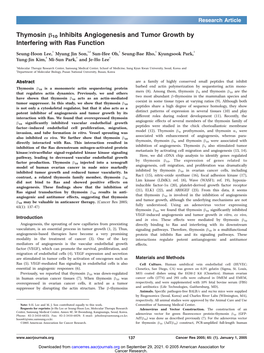 Thymosin Hh10 Inhibits Angiogenesis and Tumor Growth by Interfering with Ras Function