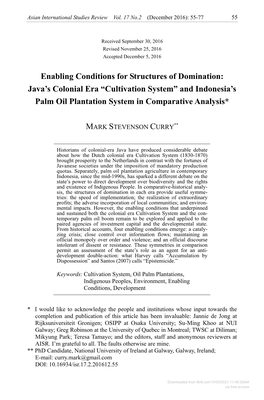 Cultivation System” and Indonesia’S Palm Oil Plantation System in Comparative Analysis*