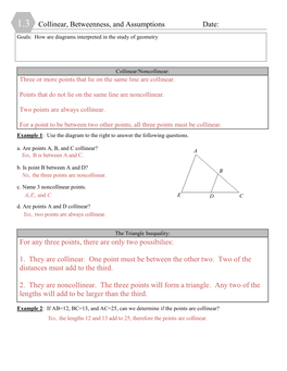 1.3 Collinear, Betweenness, and Assumptions Date: Goals: How Are Diagrams Interpreted in the Study of Geometry