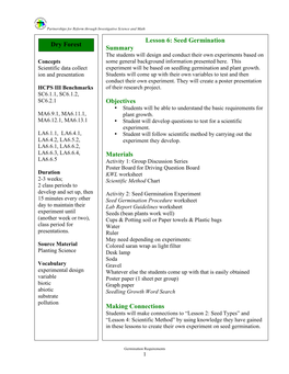 Lesson 6: Seed Germination Summary Objectives Materials