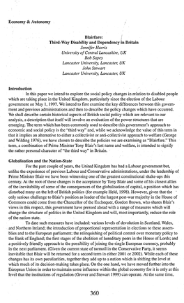 Economy & Autonomy Blairfare: , Third-Way Disability and Dependency in Britain Introduction in This Paper We Intend to Explo