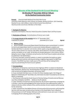 Minutes of the Beeford Parish Council Meeting on Monday 9Th December 2019 at 7.00 Pm at the Beeford Community Centre