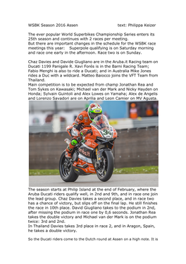 WSBK Season 2016 Assen Text: Philippa Keizer the Ever Popular