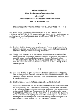 Rechtsverordnung Über Das Landschaftsschutzgebiet „Bienwald“ Landkreise Südliche Weinstraße Und Germersheim Vom 23