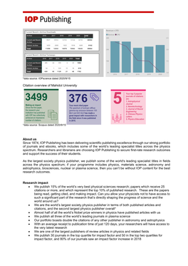 Citation Overview of Mahidol University About Us Since 1874