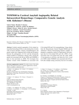 TOMM40 in Cerebral Amyloid Angiopathy Related Intracerebral Hemorrhage: Comparative Genetic Analysis with Alzheimer's Disease