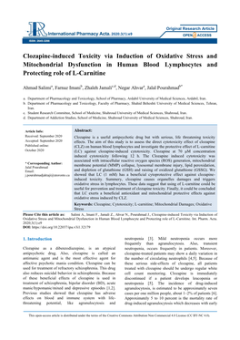 Clozapine-Induced Toxicity Via Induction of Oxidative Stress and Mitochondrial Dysfunction in Human Blood Lymphocytes and Protecting Role of L-Carnitine