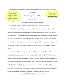 Exploring the Operationalization Phase of Theory Building from Three Different Perspectives Greg G. Wang the University of Texa