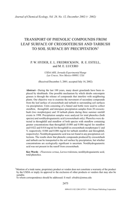 Transport of Phenolic Compounds from Leaf Surface of Creosotebush and Tarbush to Soil Surface by Precipitation1