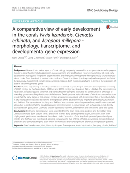 A Comparative View of Early Development in the Corals Favia Lizardensis, Ctenactis Echinata, and Acropora Millepora