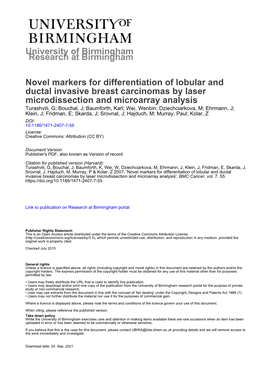 University of Birmingham Novel Markers for Differentiation of Lobular