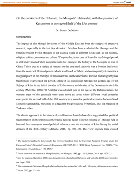 On the Outskirts of the Ilkhanate: the Mongols' Relationship with the Province of Kastamonu in the Second Half of the 13Th