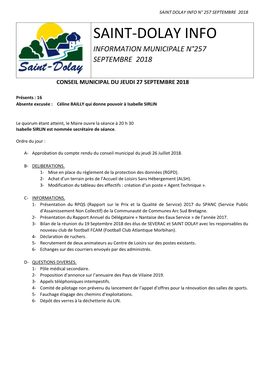 Saint-Dolay Info Information Municipale N°257 Septembre 2018