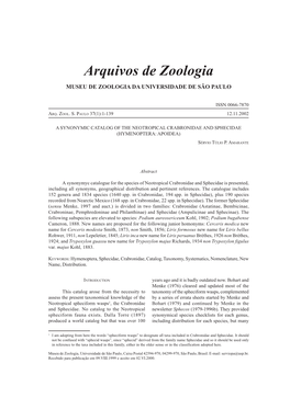 Arquivos De Zoologia MUSEU DE ZOOLOGIA DA UNIVERSIDADE DE SÃO PAULO