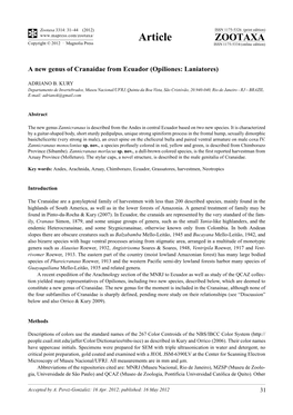 A New Genus of Cranaidae from Ecuador (Opiliones: Laniatores)