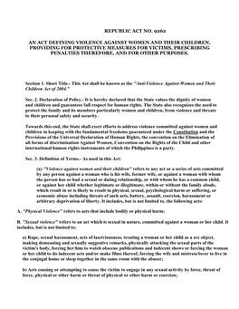 An Act Defining Violence Against Women and Their Children, Providing for Protective Measures for Victims, Prescribing Penalties Therefore, and for Other Purposes