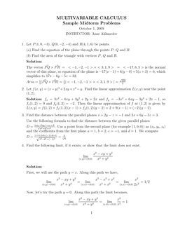 MULTIVARIABLE CALCULUS Sample Midterm Problems October 1, 2009 INSTRUCTOR: Anar Akhmedov