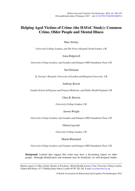 Helping Aged Victims of Crime (The Havoc Study): Common Crime, Older People and Mental Illness