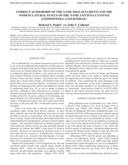 Correct Authorship of the Name Phalaena Ricini and the Nomenclatural Status of the Name Saturnia Canningi (Lepidoptera: Saturniidae)