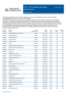 FTF Franklin UK Equity Income Fund August 31, 2021